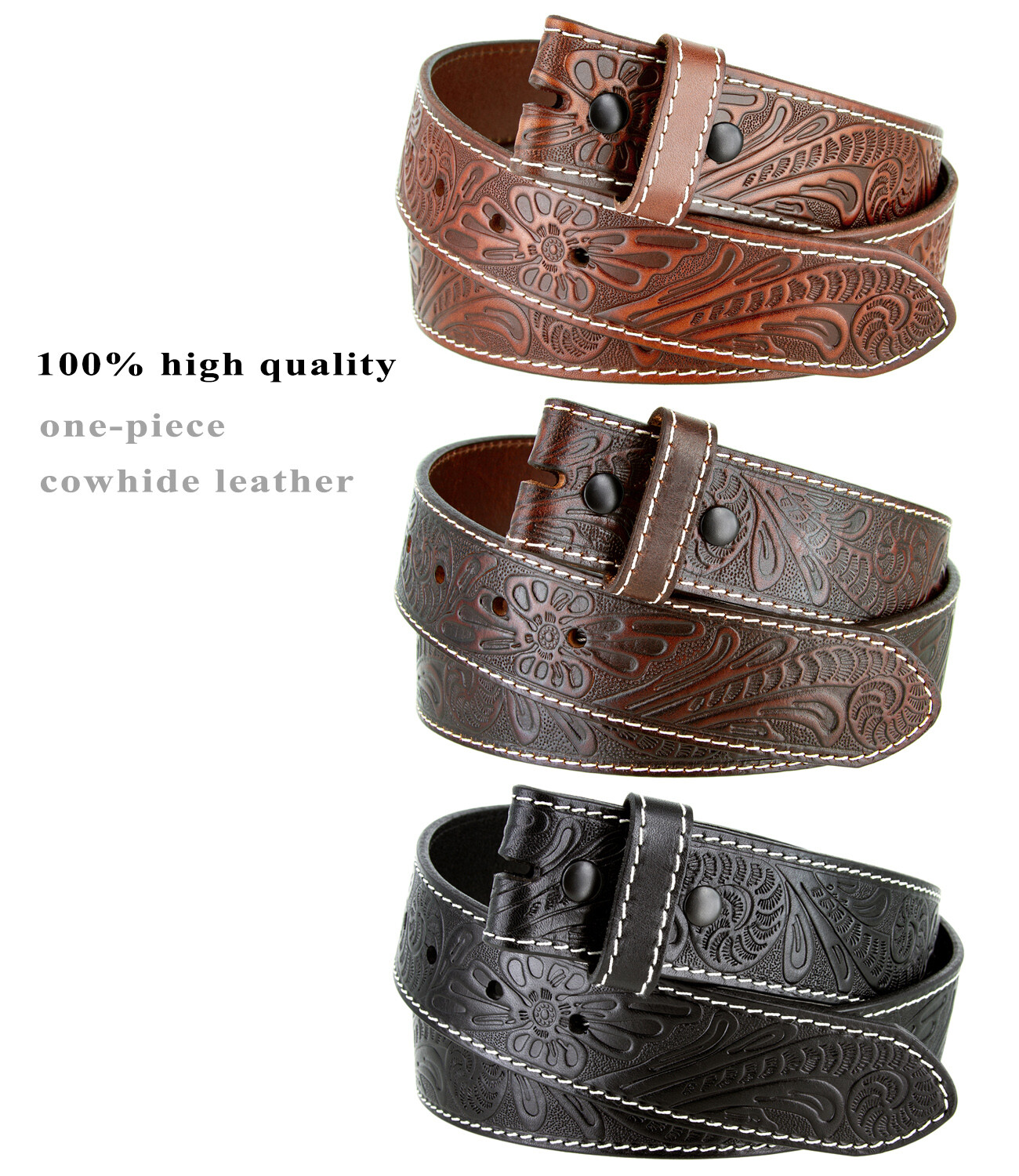 Western Floral Engraved Tooled Genuine Full Grain Leather Belt Strap 1-1/2″ Wide