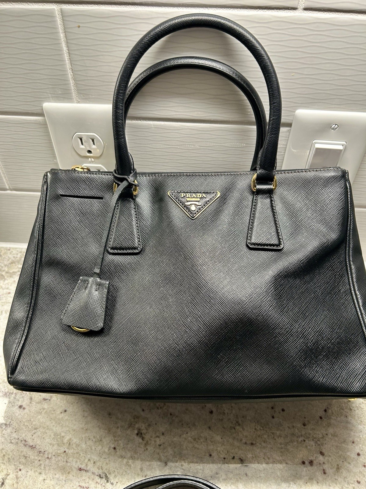 PRADA Black Galleria Saffiano Leather Top Handle Bag w/ Adjustable Strap, Gold