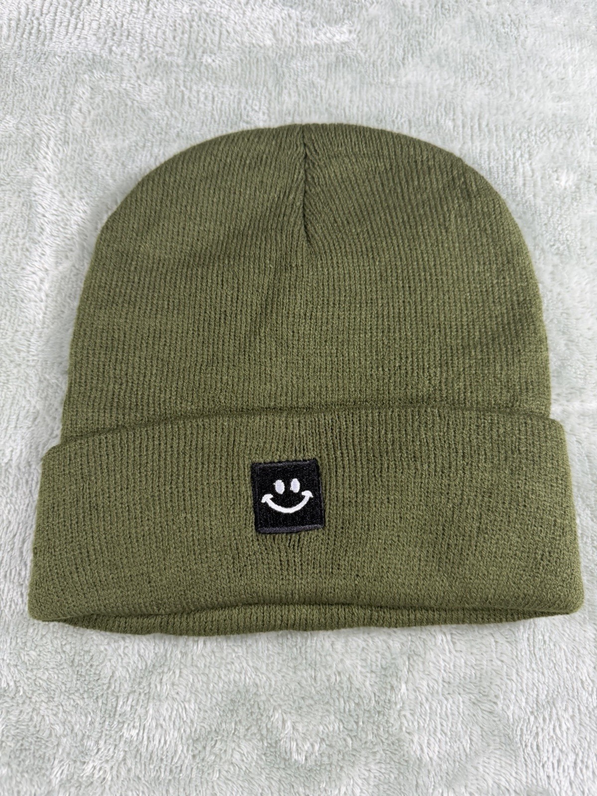 Green Cuffed Beanie Hat Solid One Size Unisex Youth Smiley Patch