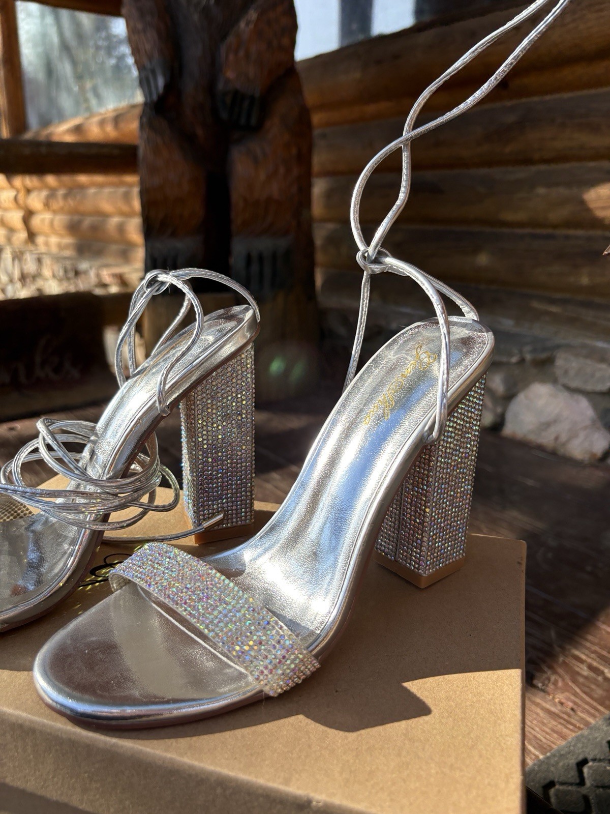 GENSHUO Silver Rhinestone Strappy Ankle Wrap Tie Block Heel Sandals US 7