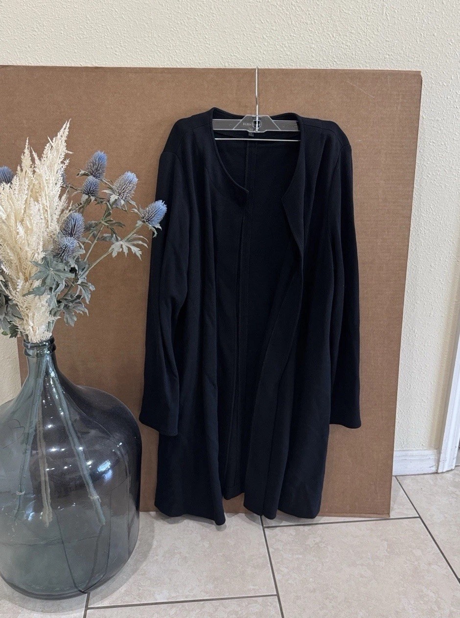 Eileen Fisher Viscose Wool Blend Open Front Black Long Cardigan Sz L