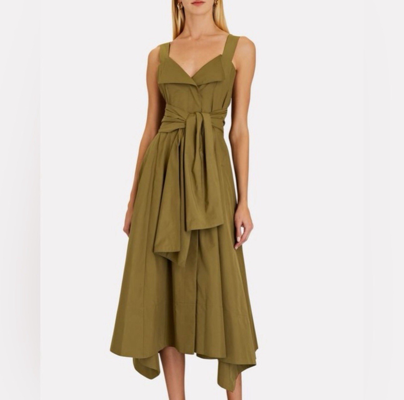 NWT Proenza Schouler Poplin Tie Waist Midi Dress Olive Green Size 8 R2213007