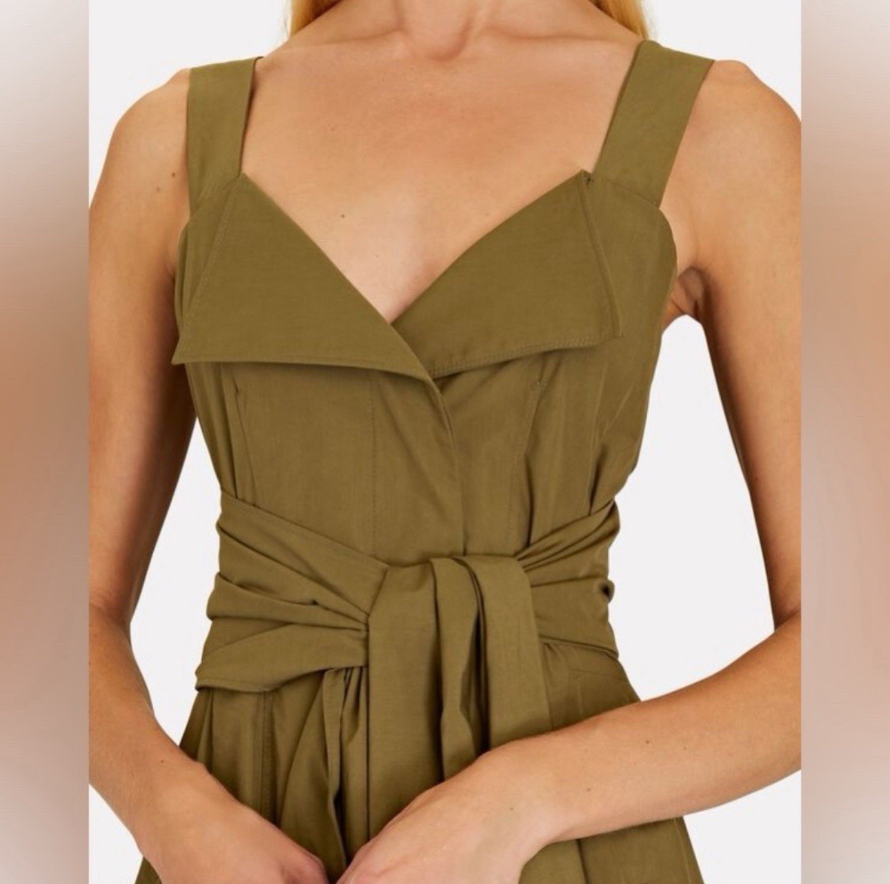 NWT Proenza Schouler Poplin Tie Waist Midi Dress Olive Green Size 8 R2213007