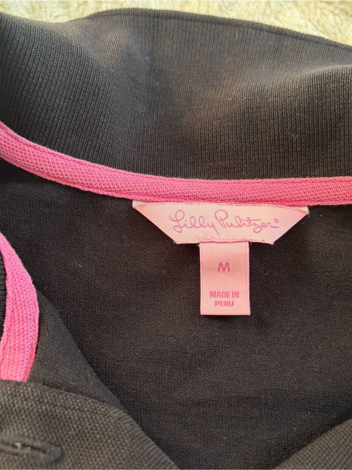 Lilly Pulitzer Black Button-Down Polo with Pink Palm Logo Size Medium