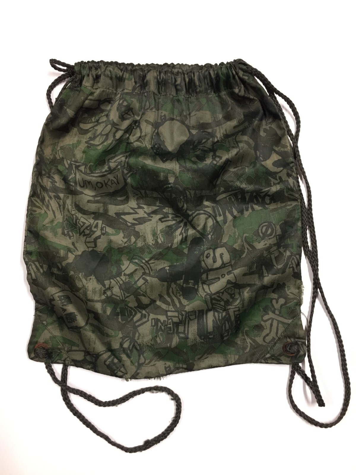 Old Navy Camouflaged Drawstring Bag Book Bag Backpack “Um, Okay” Written on Bag