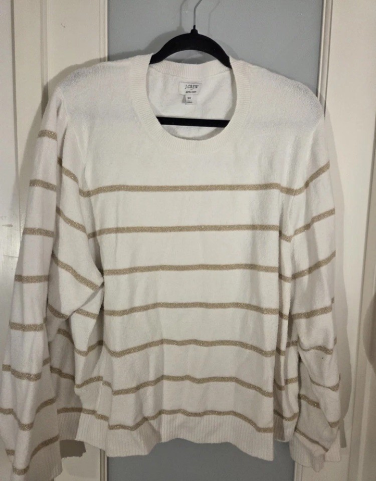 J.CREW Extra-Soft White/Gold Glitter Stripe Crewneck Sweater 3X Stretch