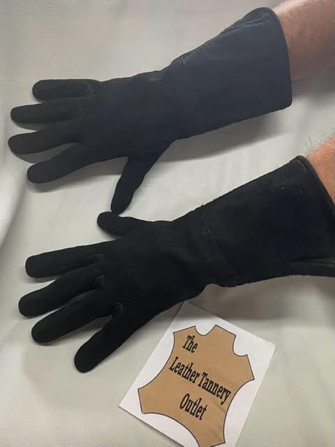 Mens Leather Gauntlets – Black, Suede, Unlined, Long arm cuff, Medieval, Biking