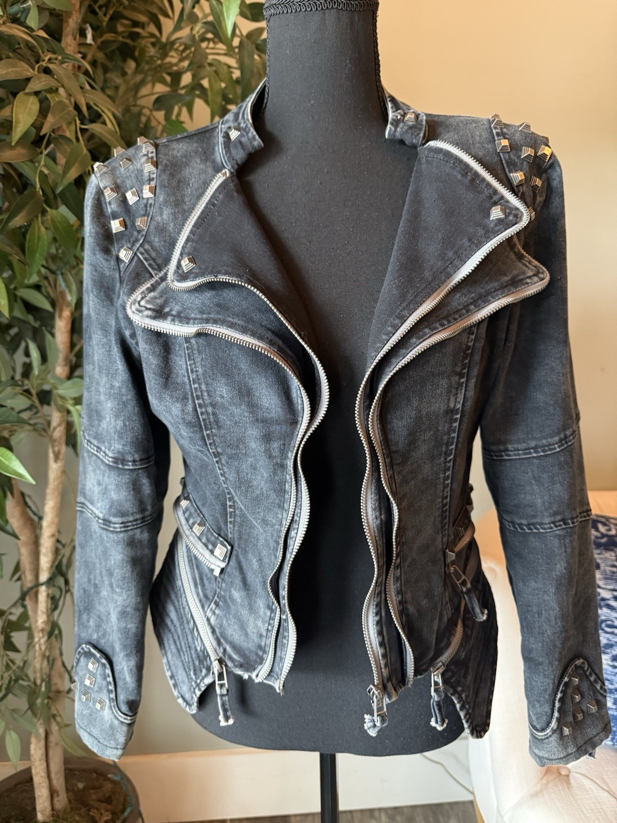 Jacket Womans Studded Riveted Denim Moto Cyber Punk Rock Steampunk M? Zipper S ?