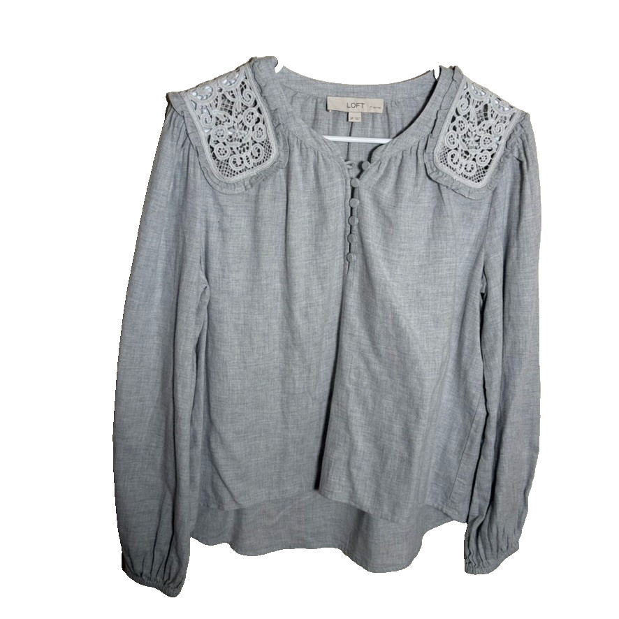 Loft Blouse Women’s Petite Small Gray Lace Popover Long Sleeve Casual Shirt Top
