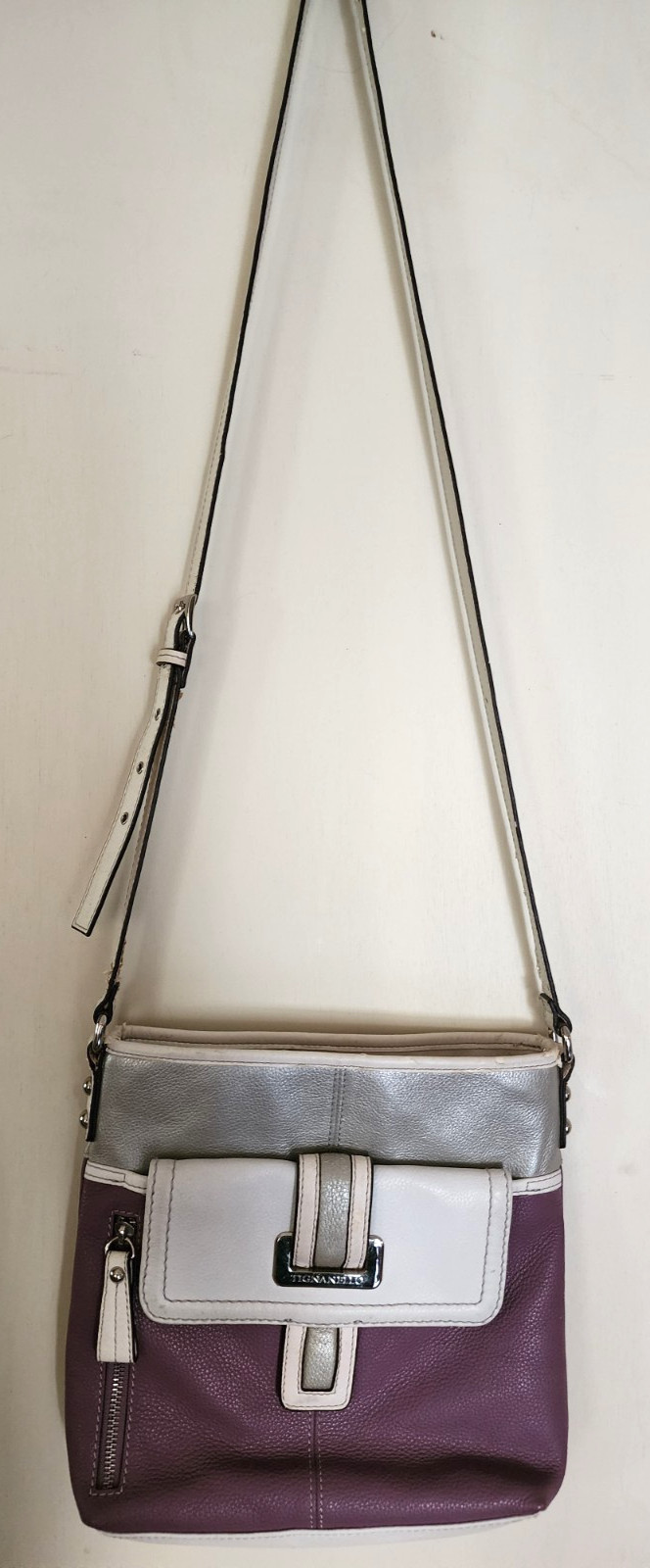 * UNIQUE * Tignanello Colorblock Leather Crossbody: Purple, White/Stone, Silver