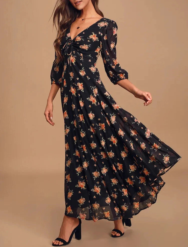 Free People Women’s Sea Glass Floral Maxi Dress Sz 2 Puff Sleeve Boho Tie Front