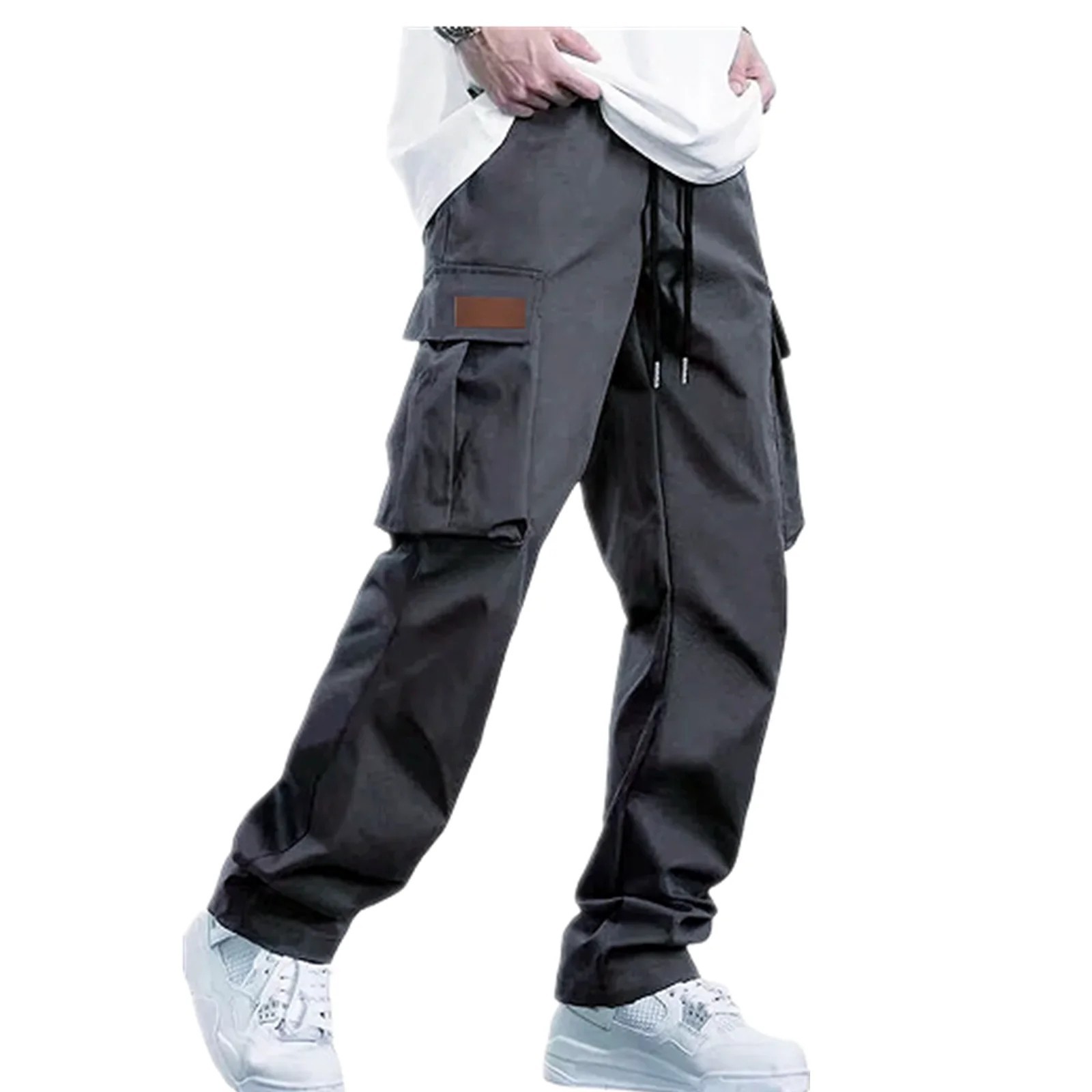 Mens Cargo Jogger Pants Drawstring Loose Fit Multi Pocket Casual Trousers