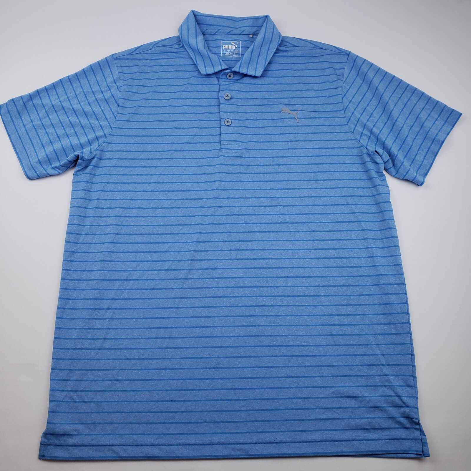 Puma men polo shirt size L blue stripes 2 small holes see picture casual golf