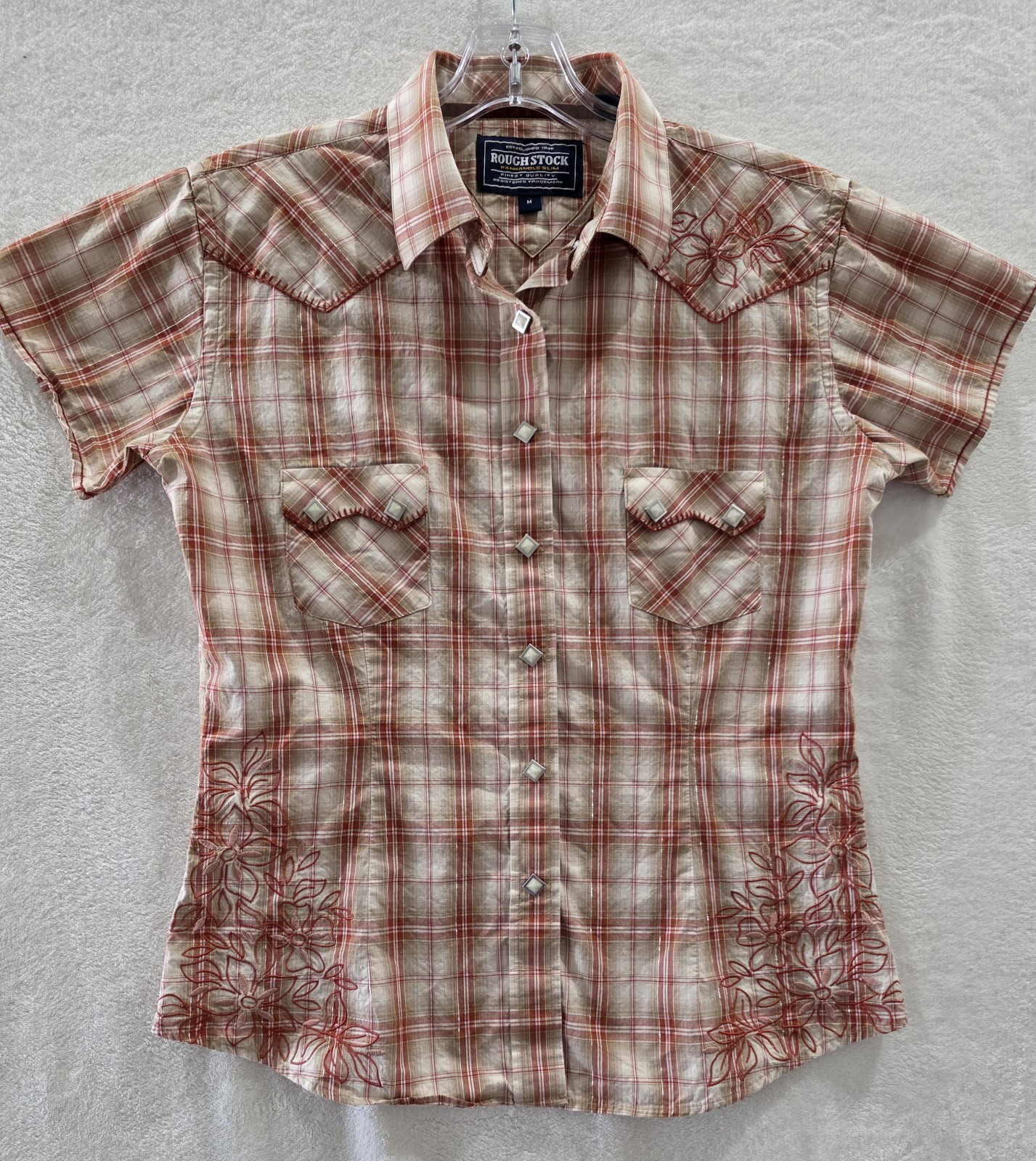 Rough Stock Panhandle Slim Women’s Medium Western Shirt Plaid Embroidered Snap
