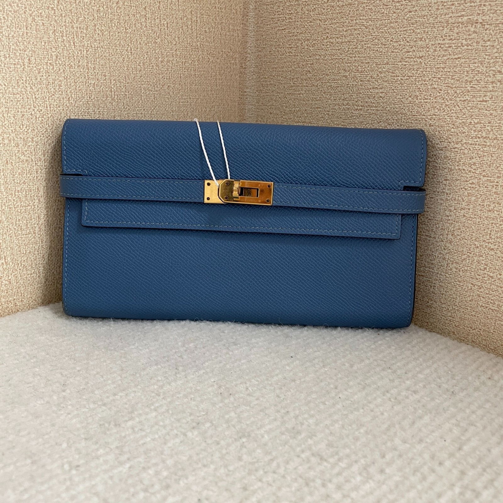 Hermes Kelly Long Blue Epsom Silver Clutch Wallet