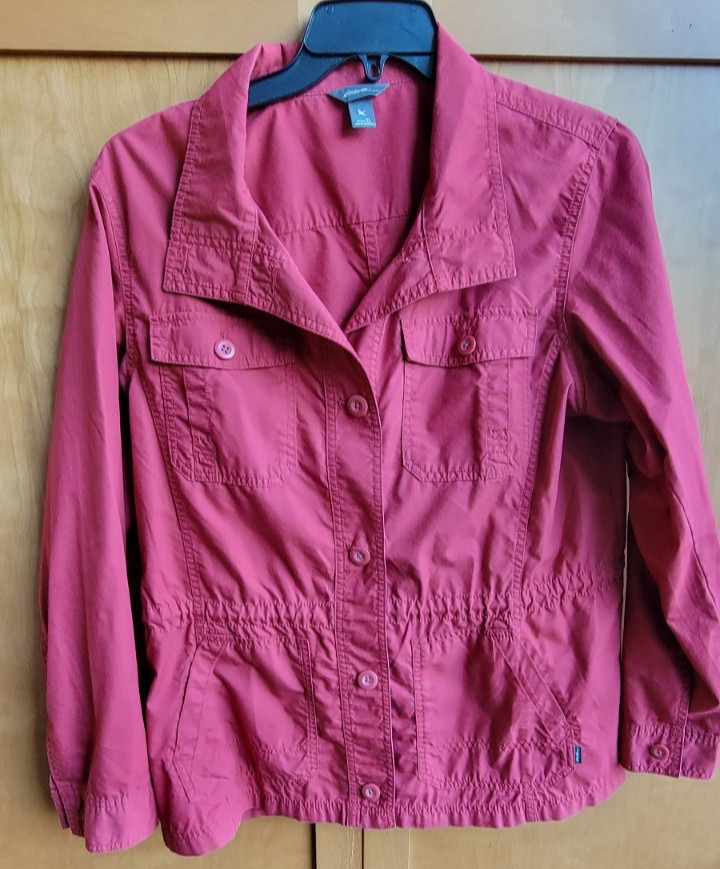 Eddie Bauer Womens Utility Cinch Waist Jacket Buttons Flap Pockets Brick Red XL