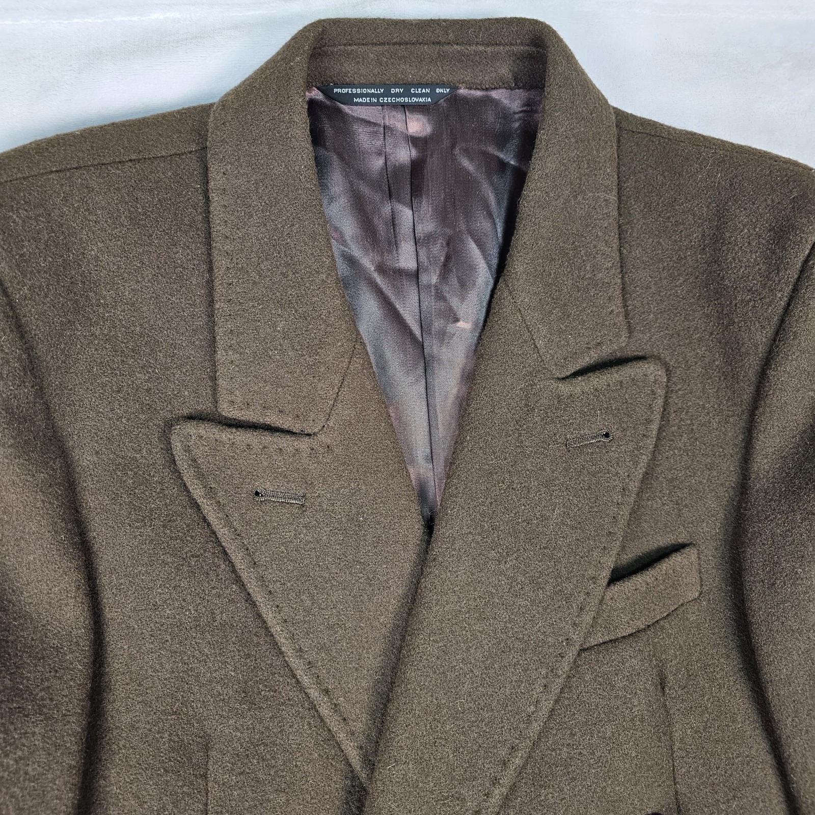 Vtg Double Breasted Wool Coat Men 40S Peak Lapel Flannel Olive Green Heavyweight