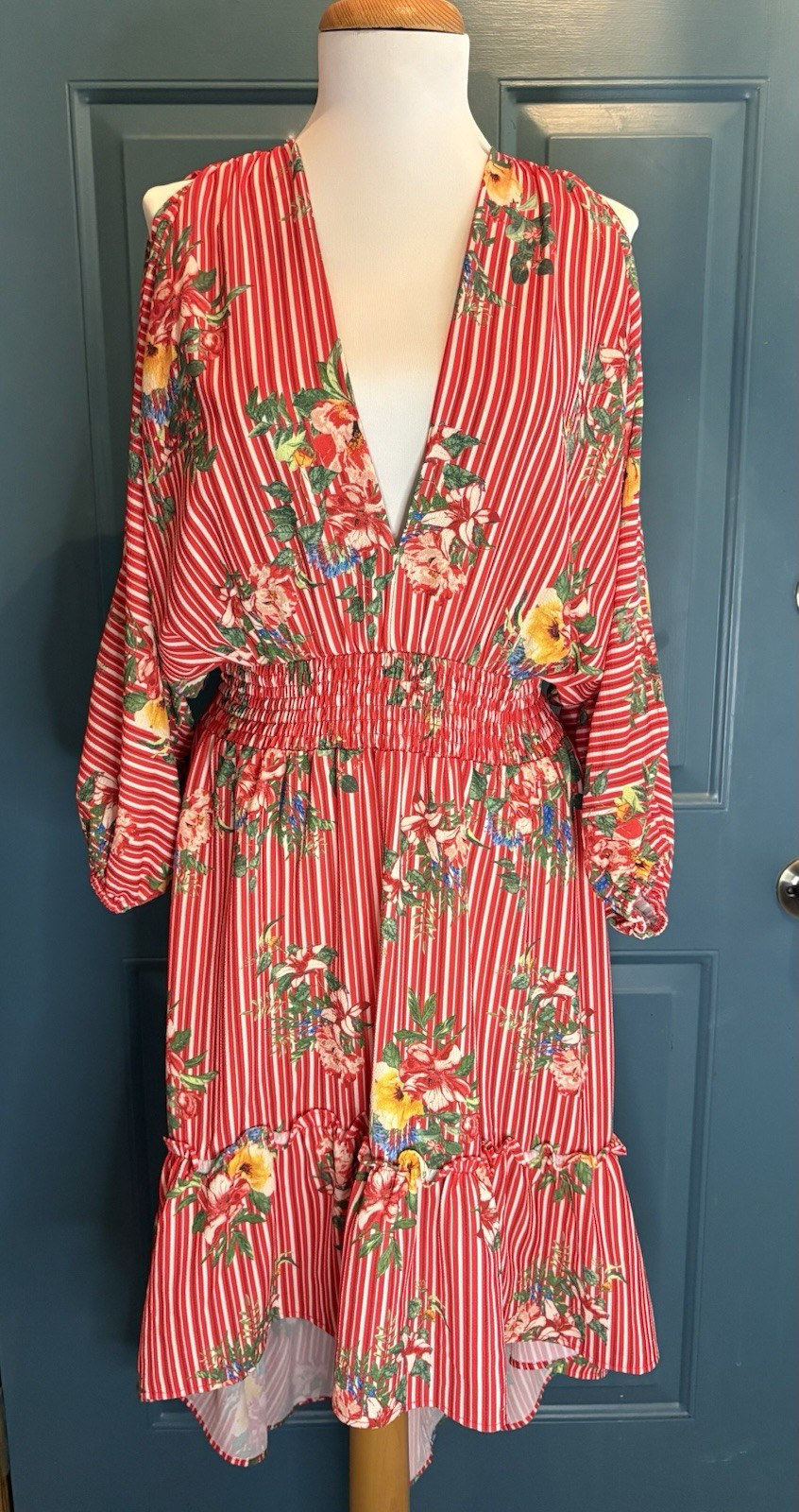 Flying Tomato Womens Dress Sz L, V-Neck, Elastic Waist, Red/White Striped Floral