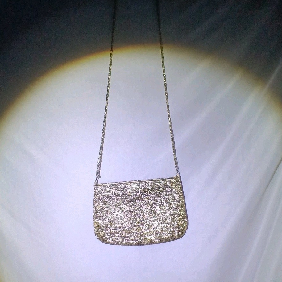 Pierre Dumas Gold Metallic Glitter Small Shoulder Bag, Chain Strap Zip, Lined