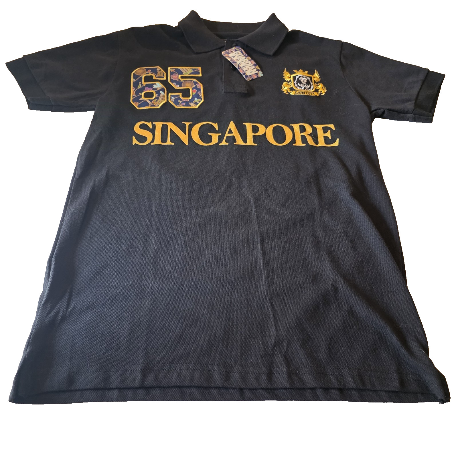 Guardian Angel Polo Men M Singapore 65 Lion City Embroidered Gold Print Black