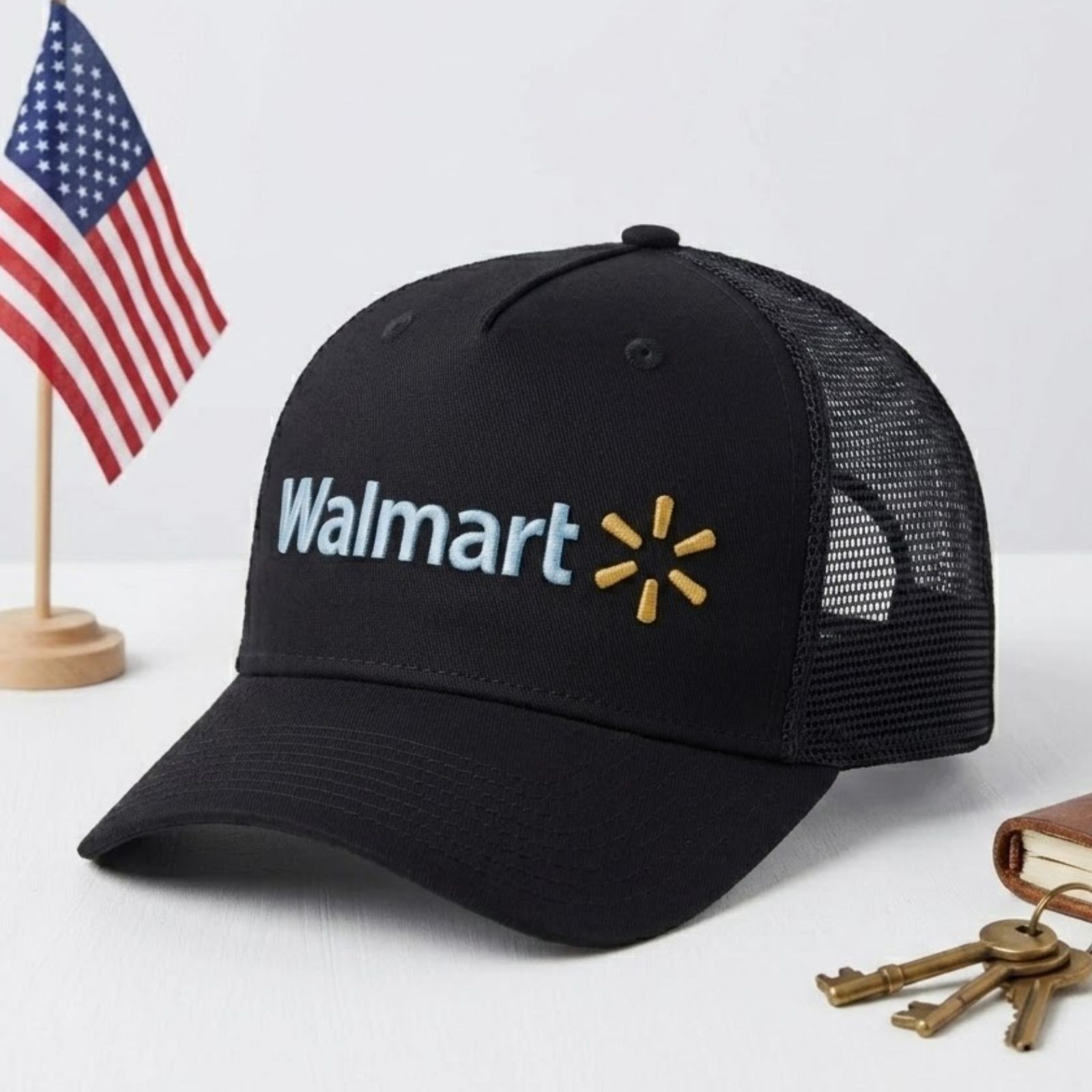 Walmart Logo Embroidered Trucker Hat Black Mesh Back Snapback Cap Brand New