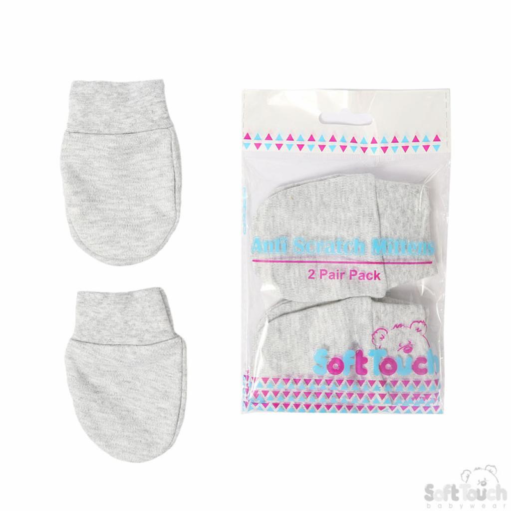 Newborn/Tiny Baby Anti Scratch Mittens, Blue Pink White Grey Cotton 2 Pair Pack