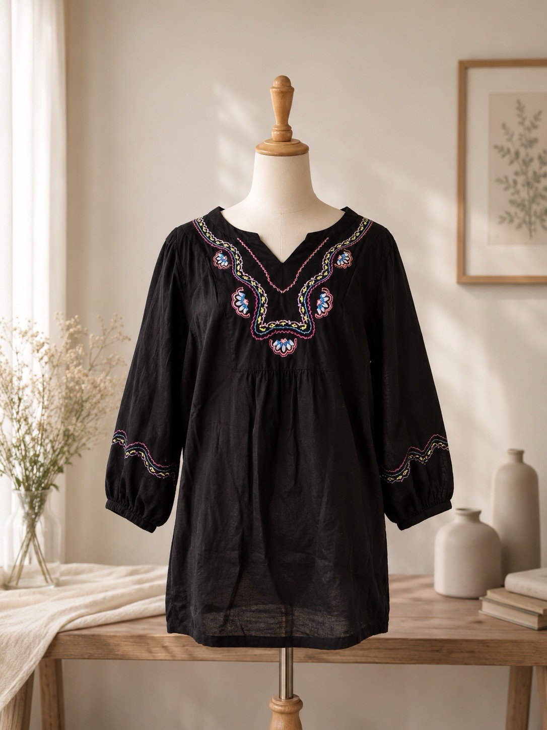 Croft & Barrow 1X Black Embroidered Tunic Top Boho Peasant Plus Size Festival