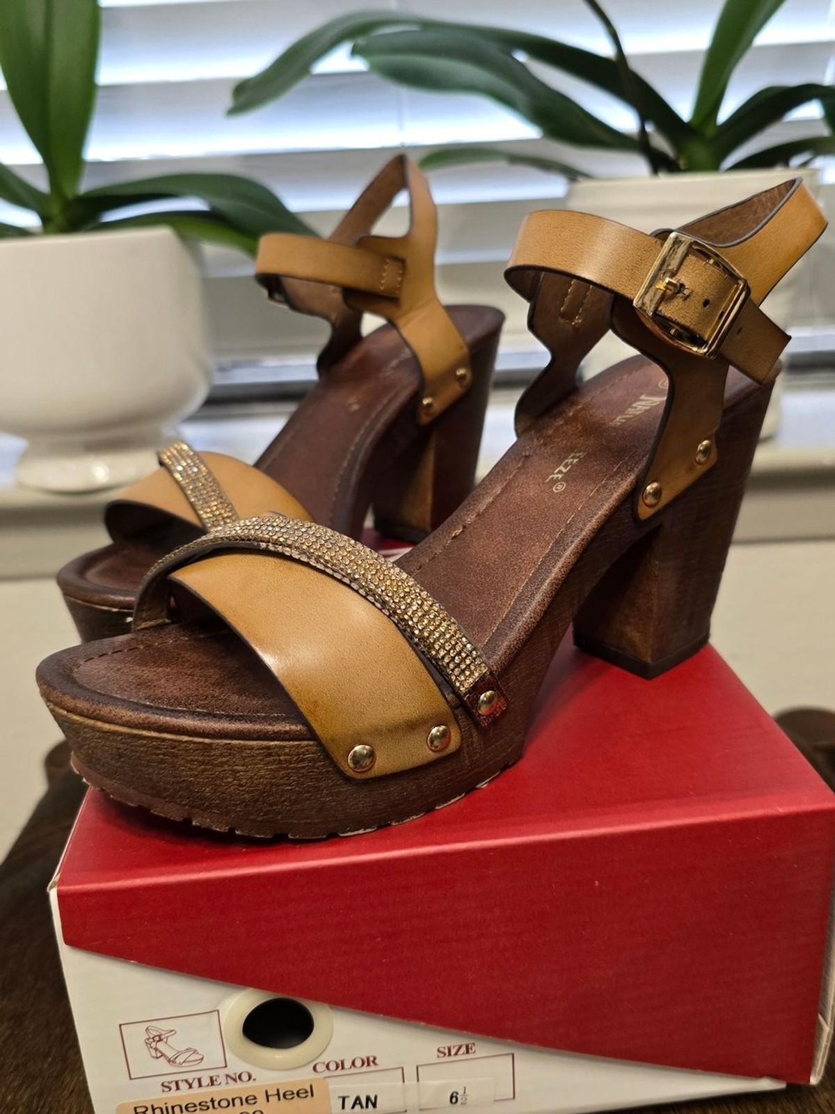 Nature Breeze Tan Platform Heeled Sandals with Gold Accents