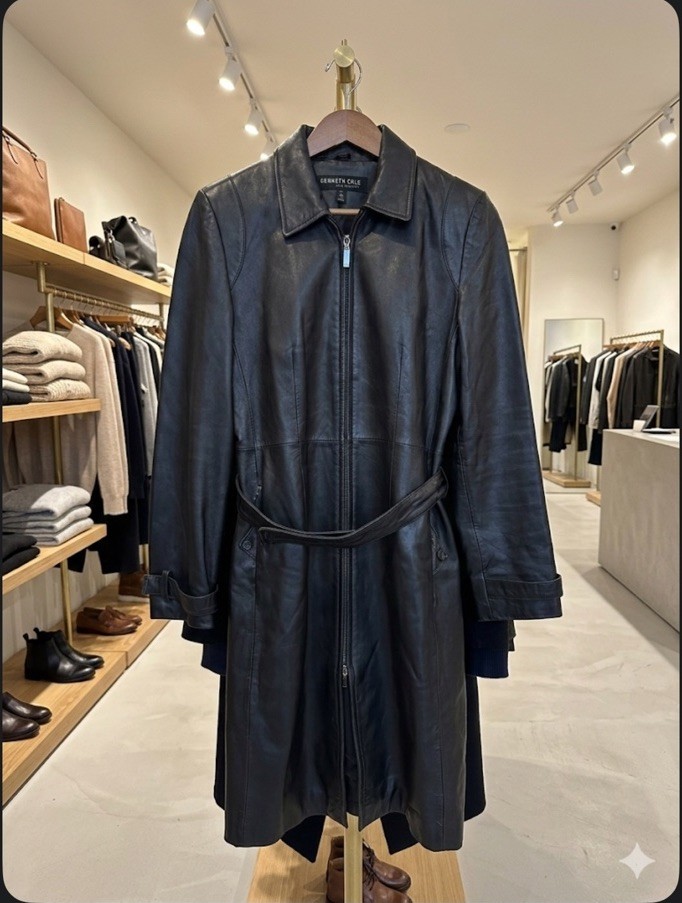 Kenneth Cole Black Leather Belted Long Trench Coat Zip K2821-BLK Size M