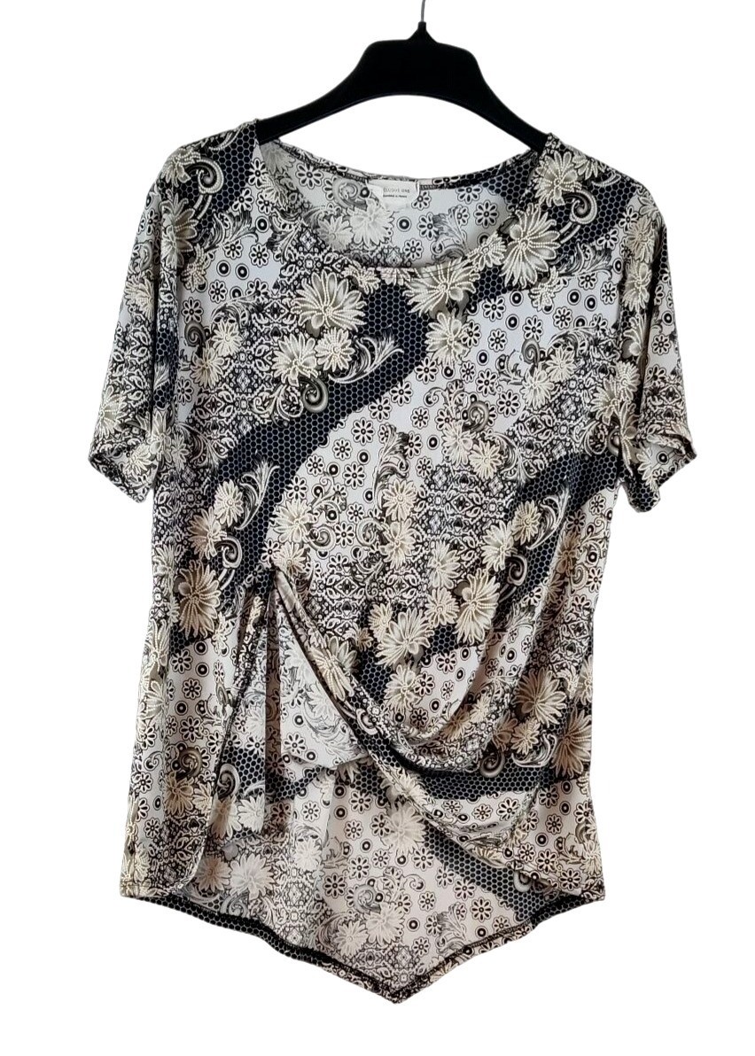 Silky Jersey Knit Tunic Top Black White 2X Exclusive One Floral Print Asymmetric