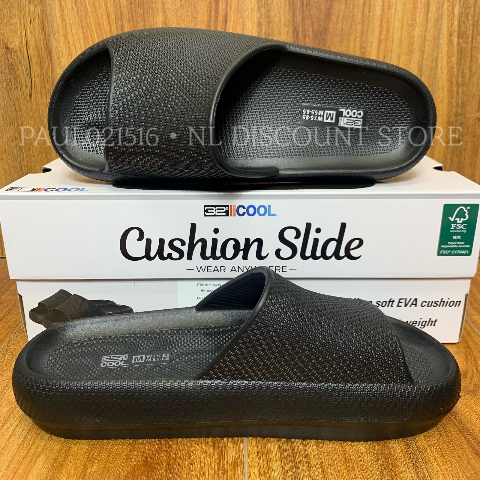 32 DEGREES COOL Cushion Slides Unisex (W)Women’s (M)Men’s ~ Black ~ XS S M L XL