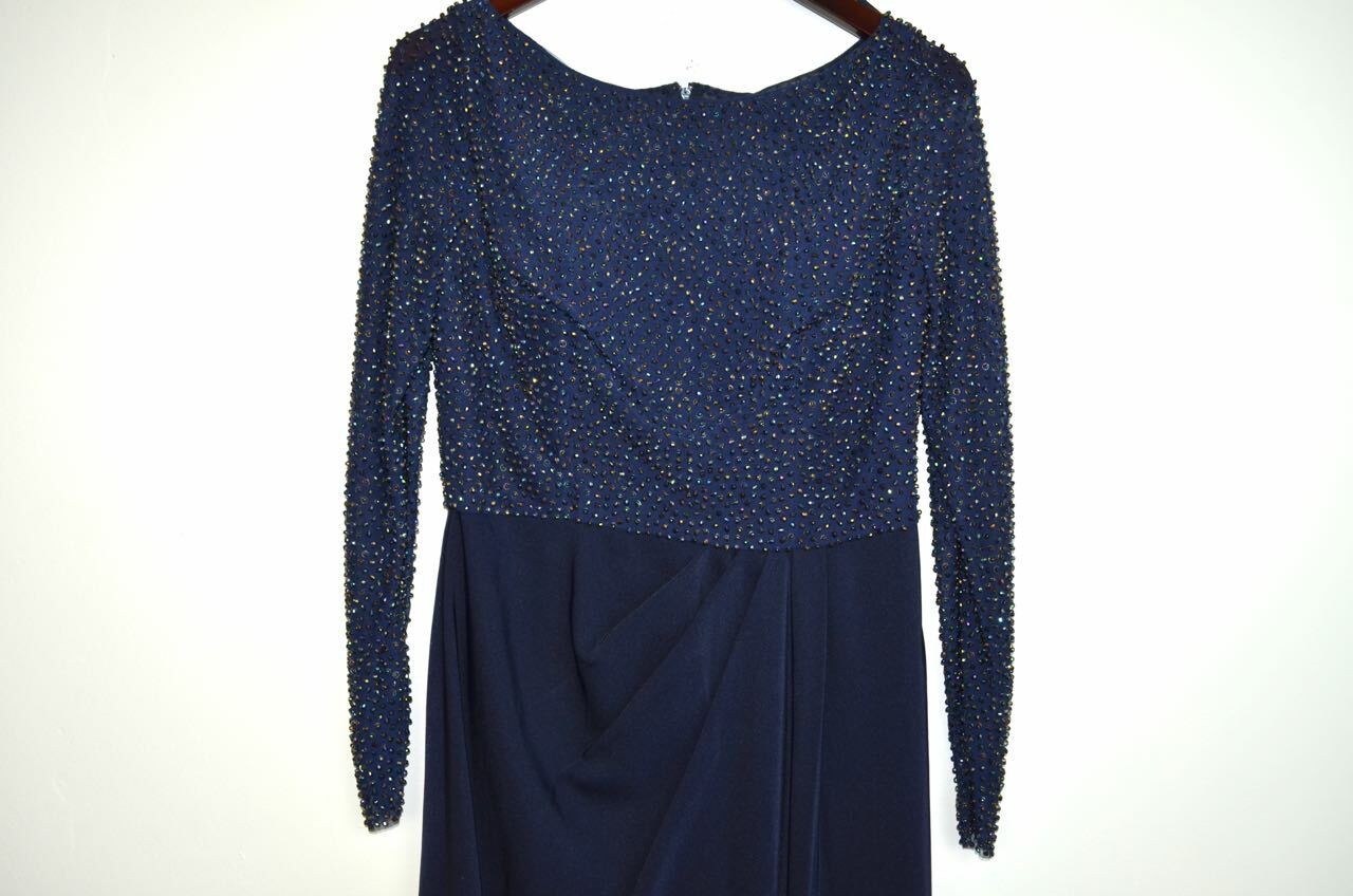 LA FEMME Navy Beaded Embellished Sheer Mesh Bodice Pleated Maxi Gown Dress 8 = M