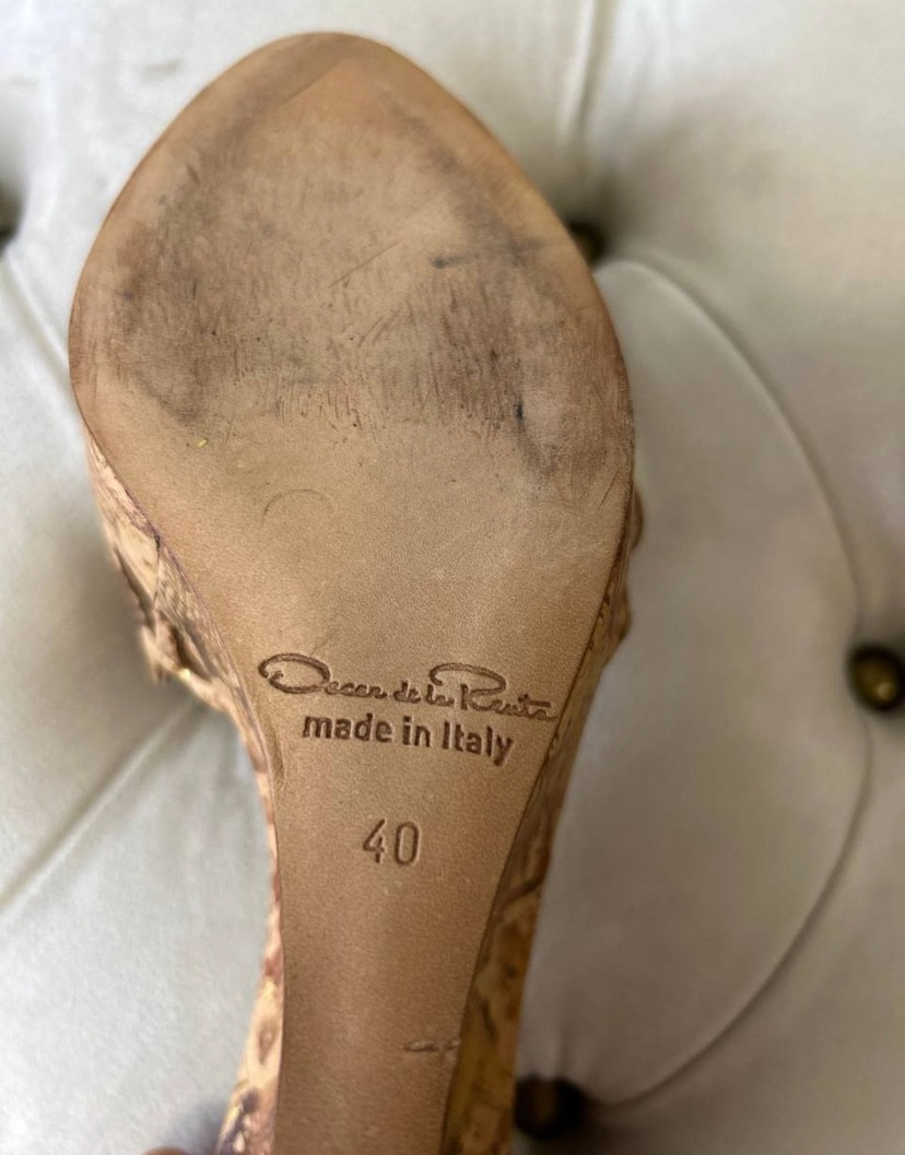 Oscar de la Renta Cork Wedge Sandals Mules Cutout Gold Fleck EU 40 US 10