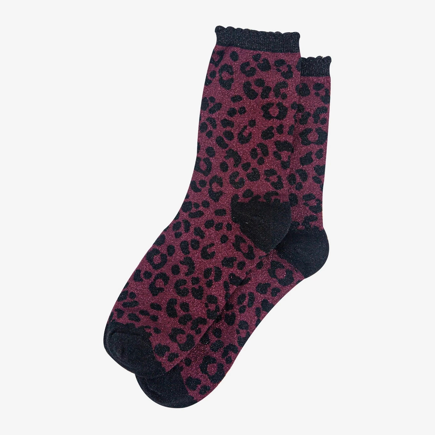 Sock Talk FRILL Ankle Socks – glitter berry red & black leopard print sparkly