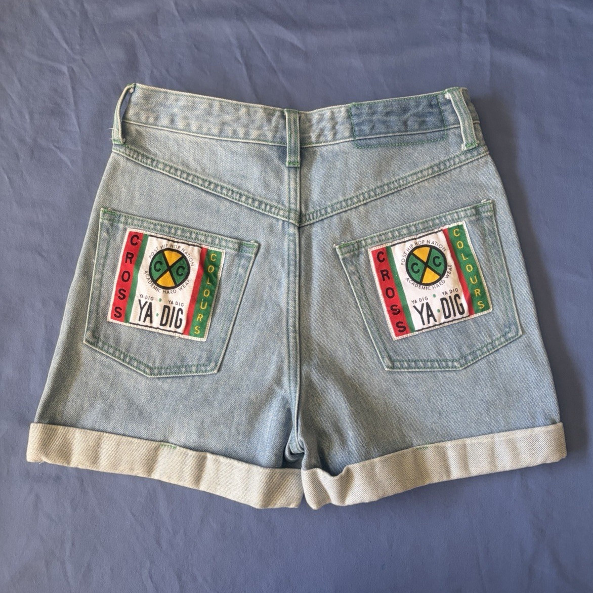 Cross Colours YA DIG Light Wash Blue Denim Cuffed High Rise Logo Shorts 24