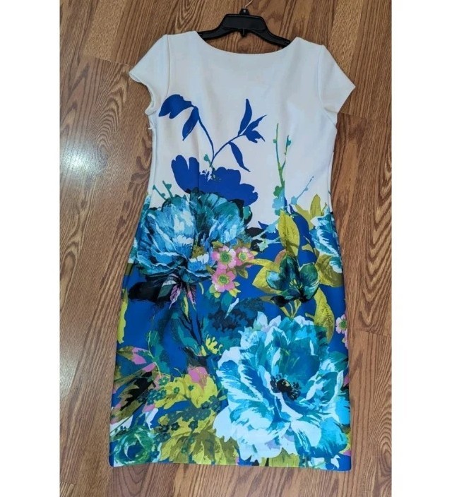 Sandra Darren White Blue Floral Sheath Dress Poly Span Lined 12
