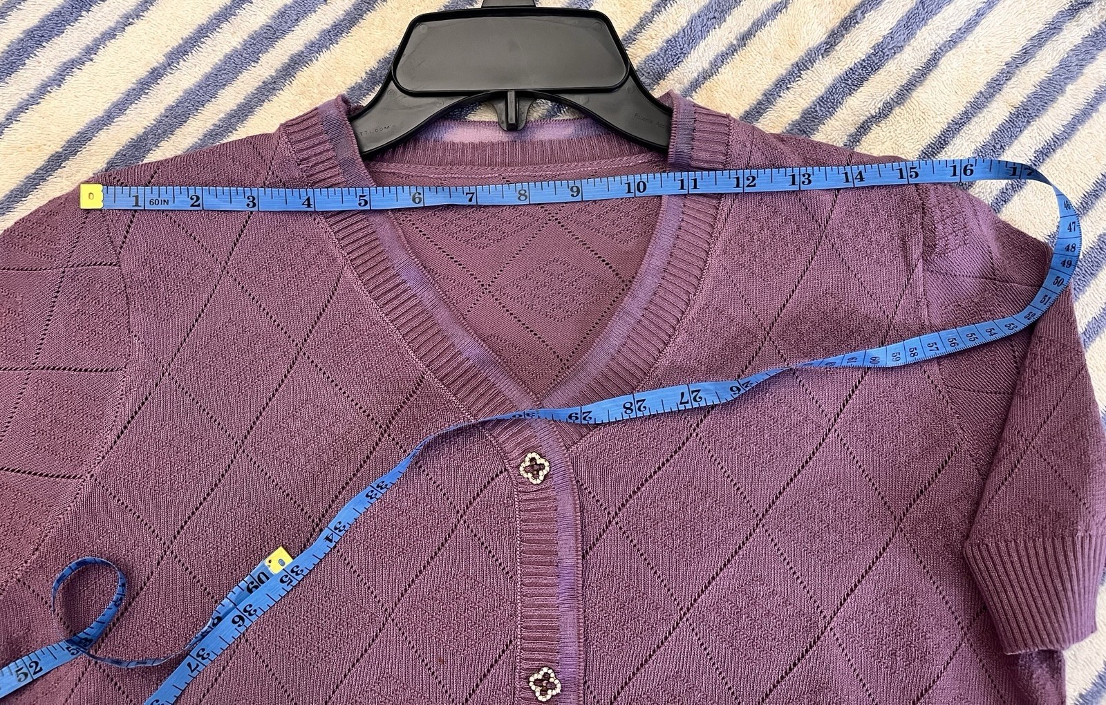 Purple Argyle Knit V-Neck short-sleeved knit pullover lace button Front Size M