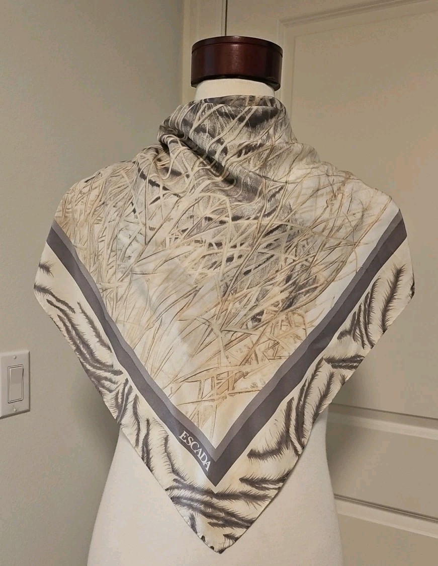 Escada 35 In Square Silk Scarf Beige Gray Animal Print