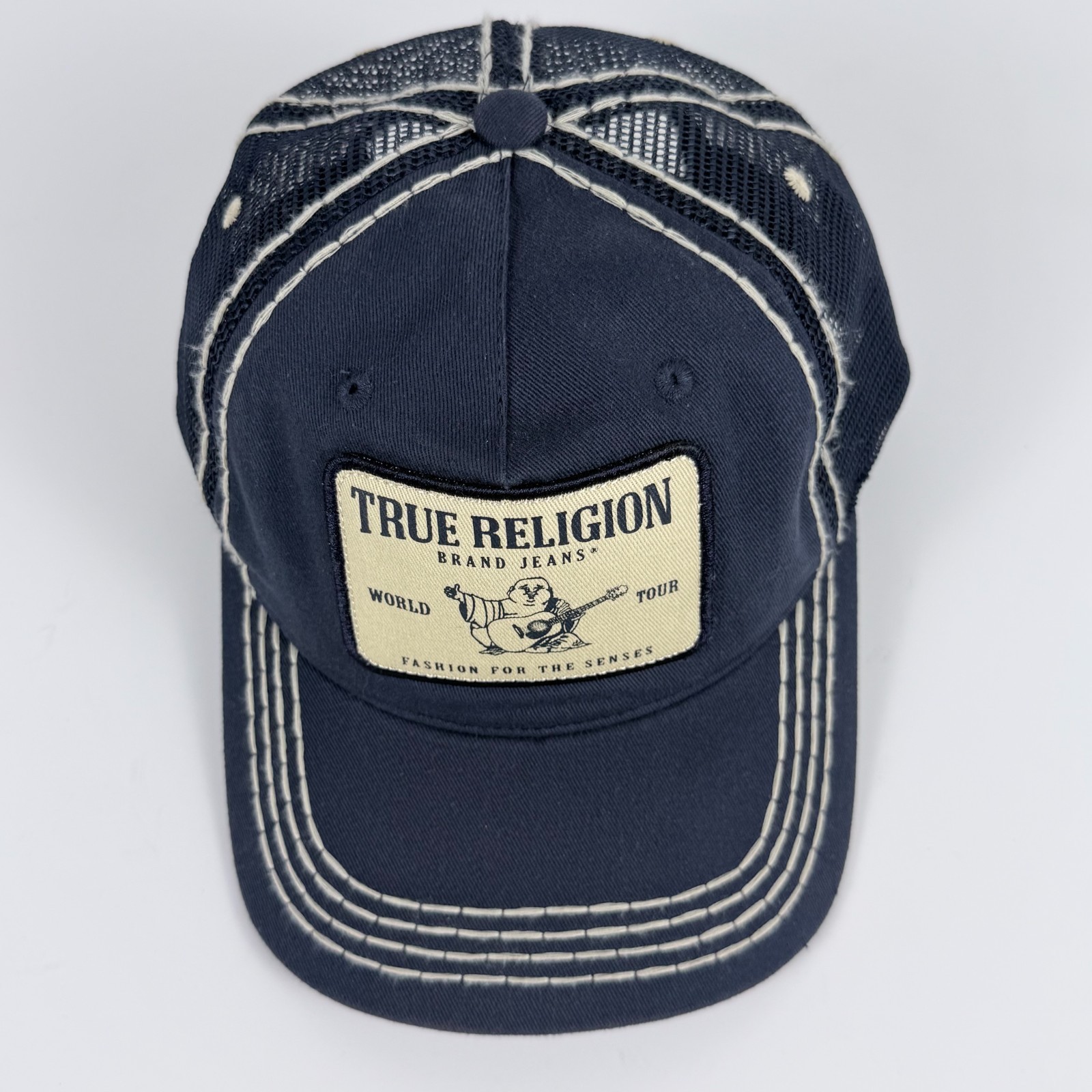True Religion World Tour Trucker Hat Navy Blue Snapback Cap Contrast Stitch Logo