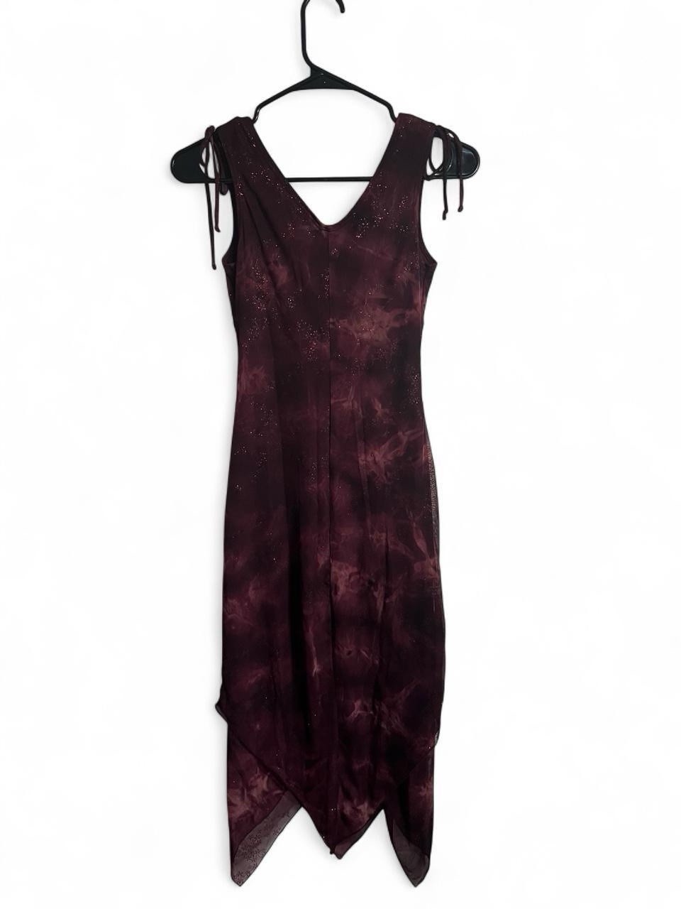 Y2K Fairycore Burgundy Maxi Dress with Tie Dye and Glitter Size S