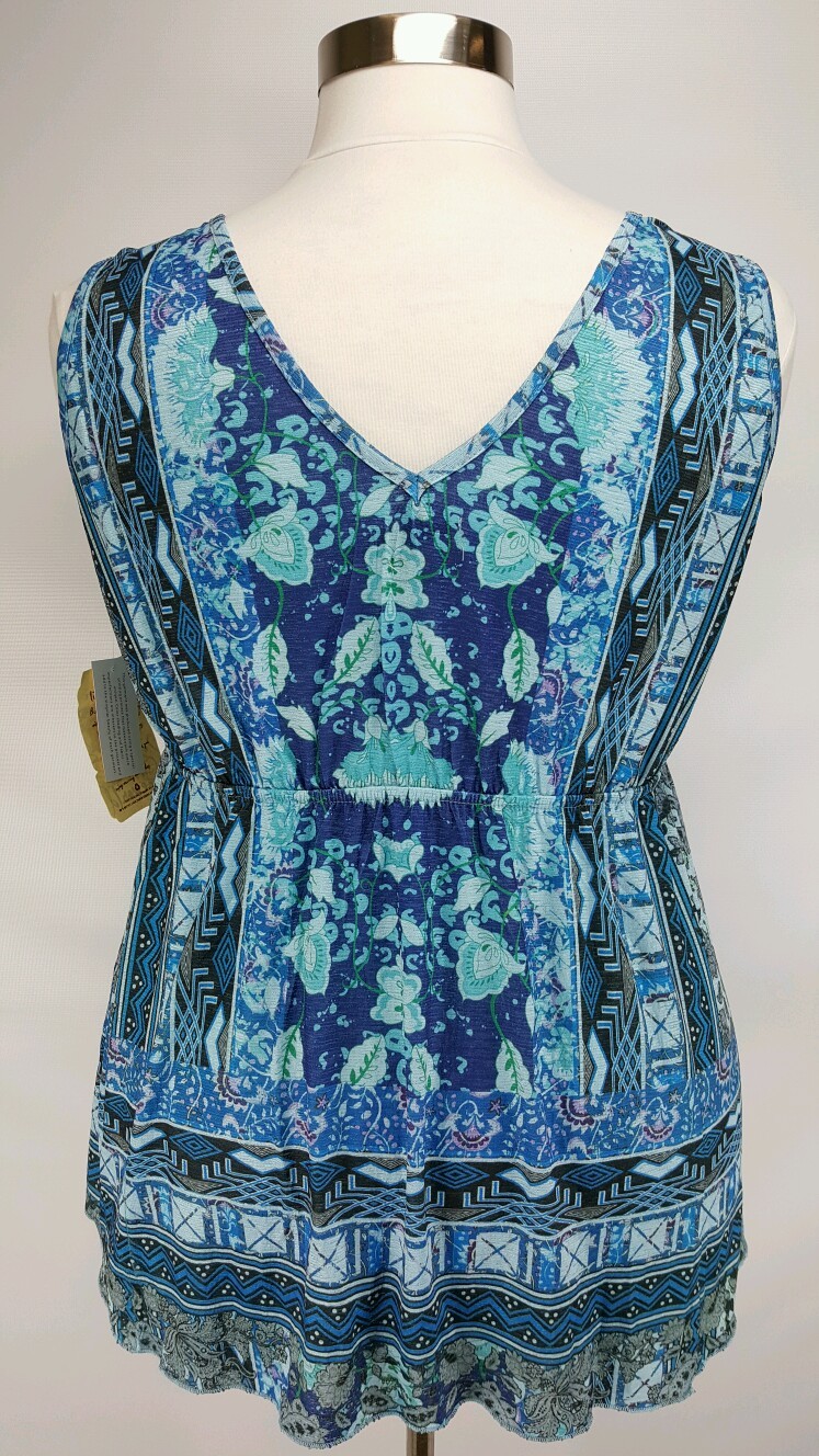 ONE WORLD WOMEN’S BLUE BLACK EMBELLISHED W/ LACE TRENDY TOP PLUS Sz 1X