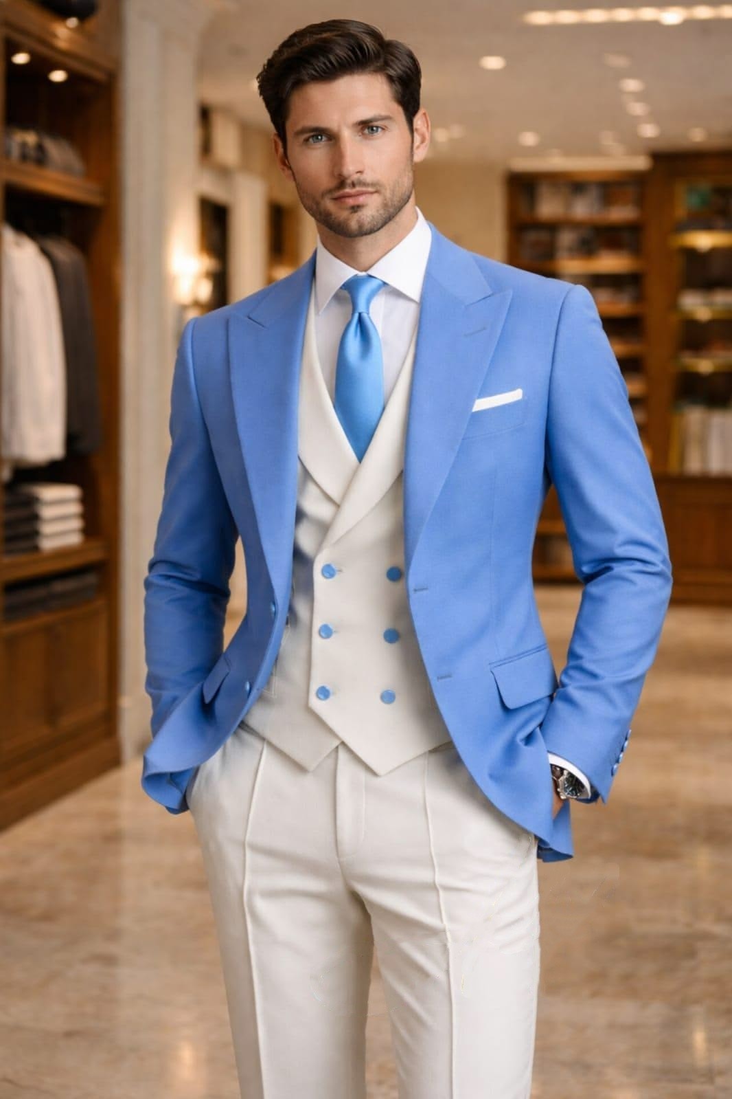 Peak Lapel Men’s Suits 3Pcs Blue Business Formal Tuxedos Workwear Jacket Coat