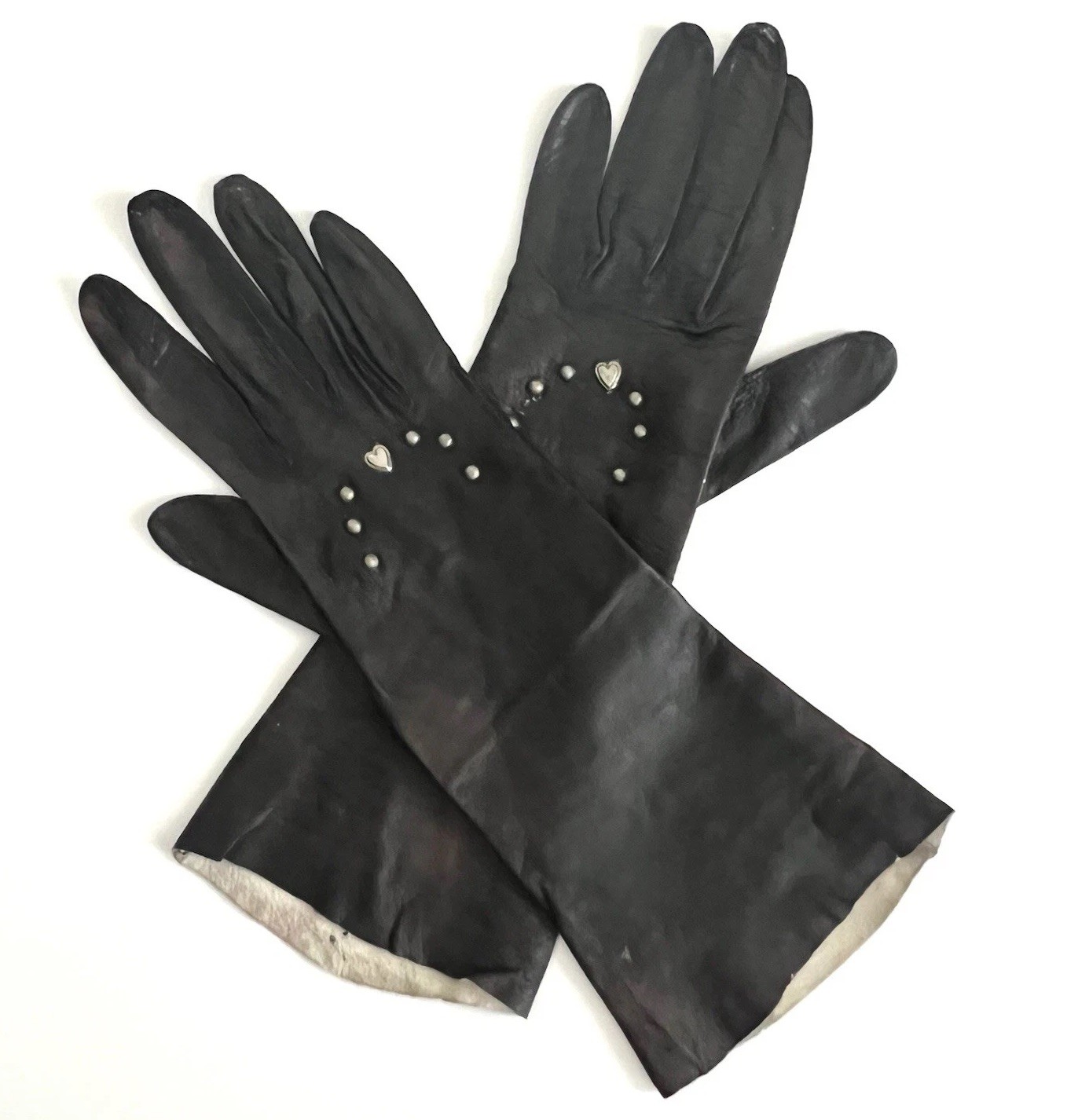 RARE Vintage Black Kid Leather Gloves Silver Heart Studded Sz 6.5 West Germany