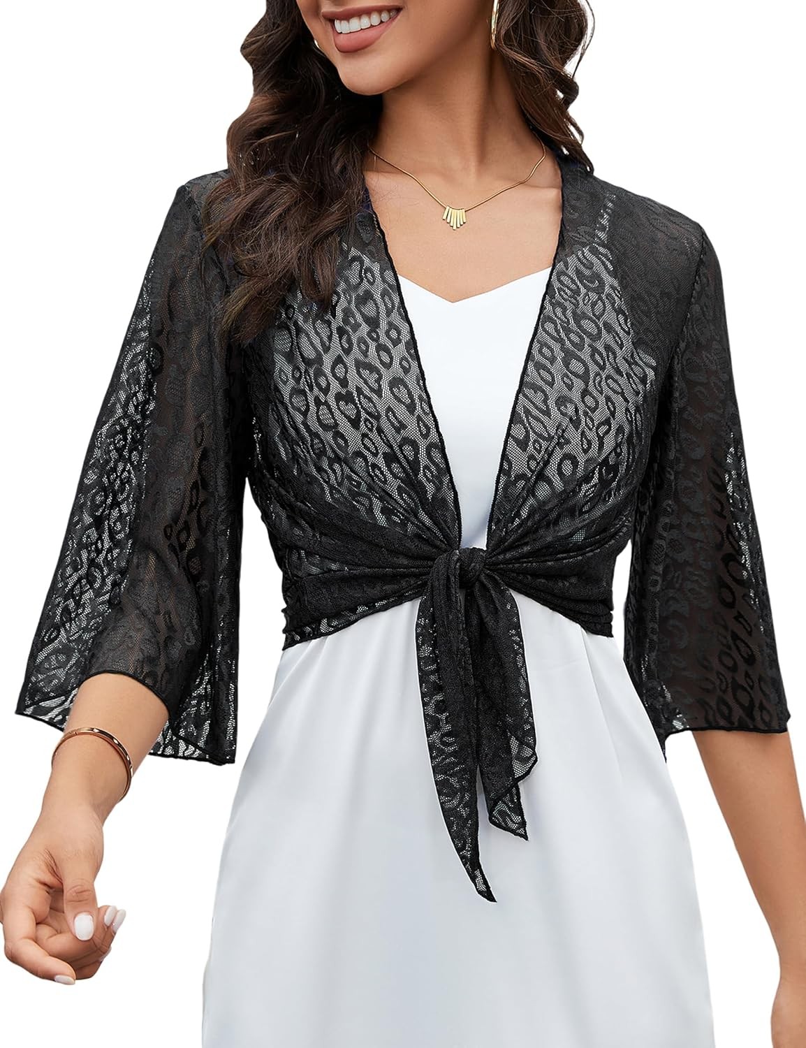 Womens Sheer Shrug Tie Front Cropped Bolero Cardigan Summer Bell Sleeve Top