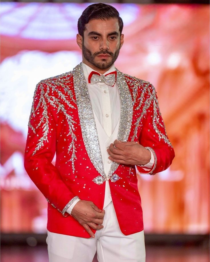 Red Luxury Beaded Seqined Men’s Jacket Sparkly Prom Dinner Party Jacket Blazer