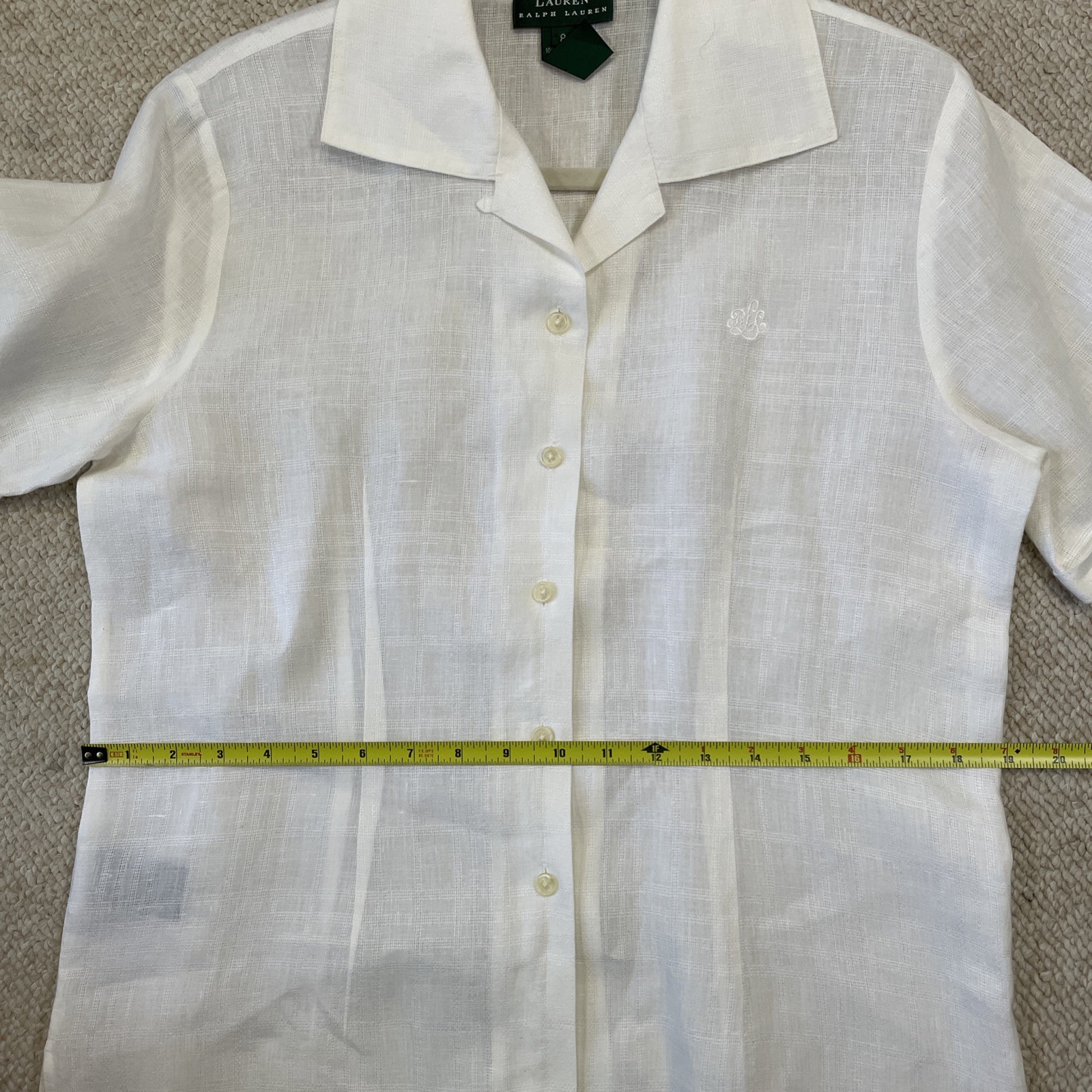 Lauren Ralph Lauren Womens Sz 8 White Linen Short Sleeve Button Up Shirt Logo