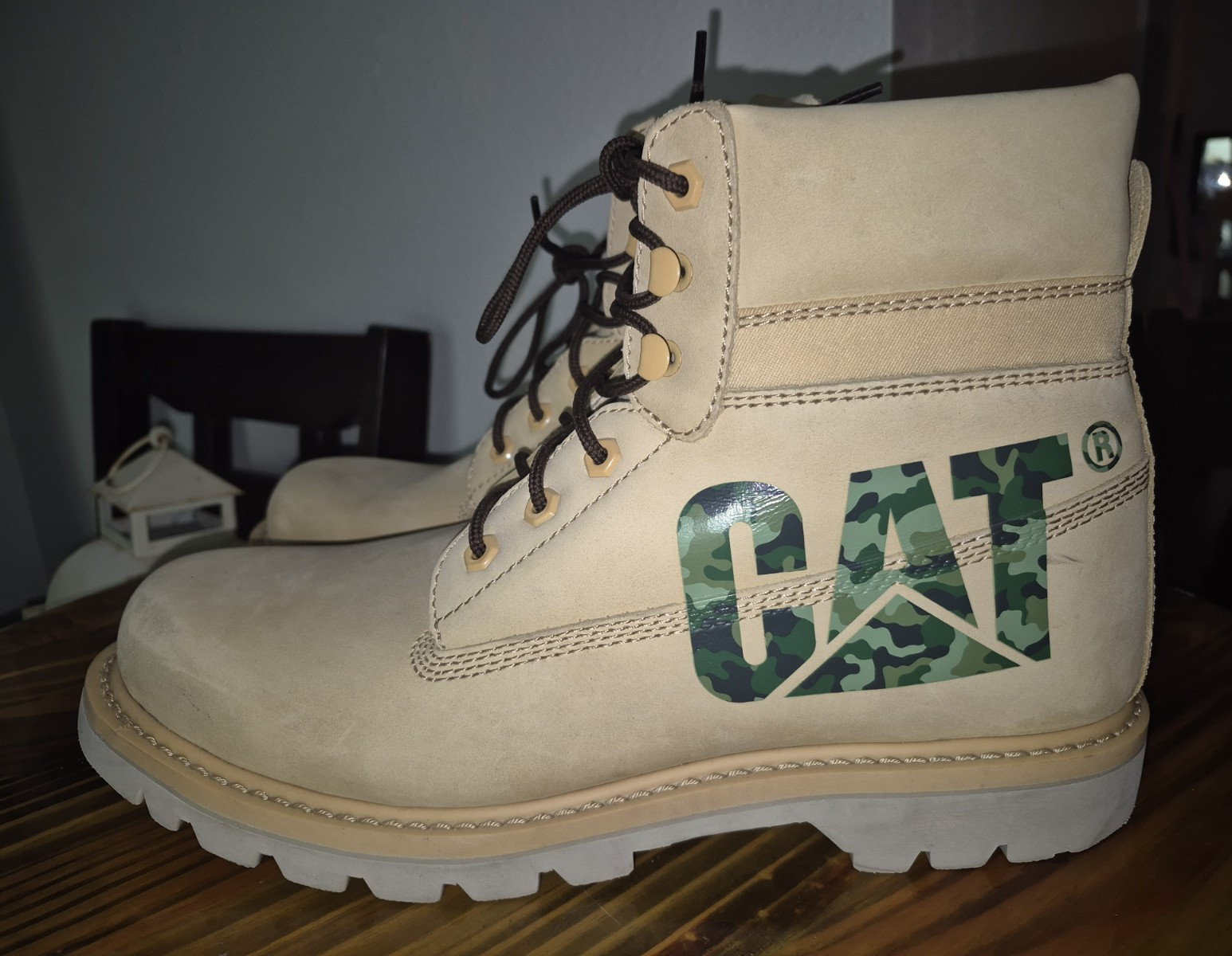Caterpillar Men’s Beige Leather Lace-Up Work Boots Oil Resistant US 13