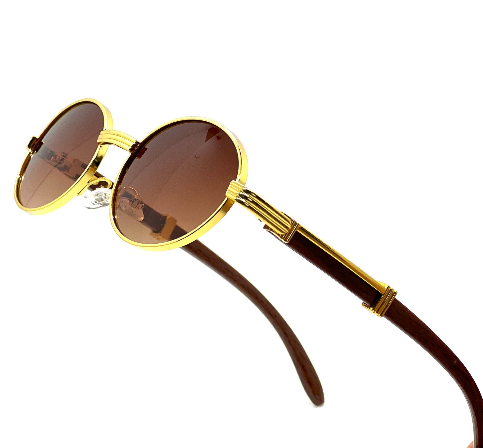 Mens Hip Hop 18k Gold Frame Oval Shape Clear Lens Wood Grain Retro Eye Glasses