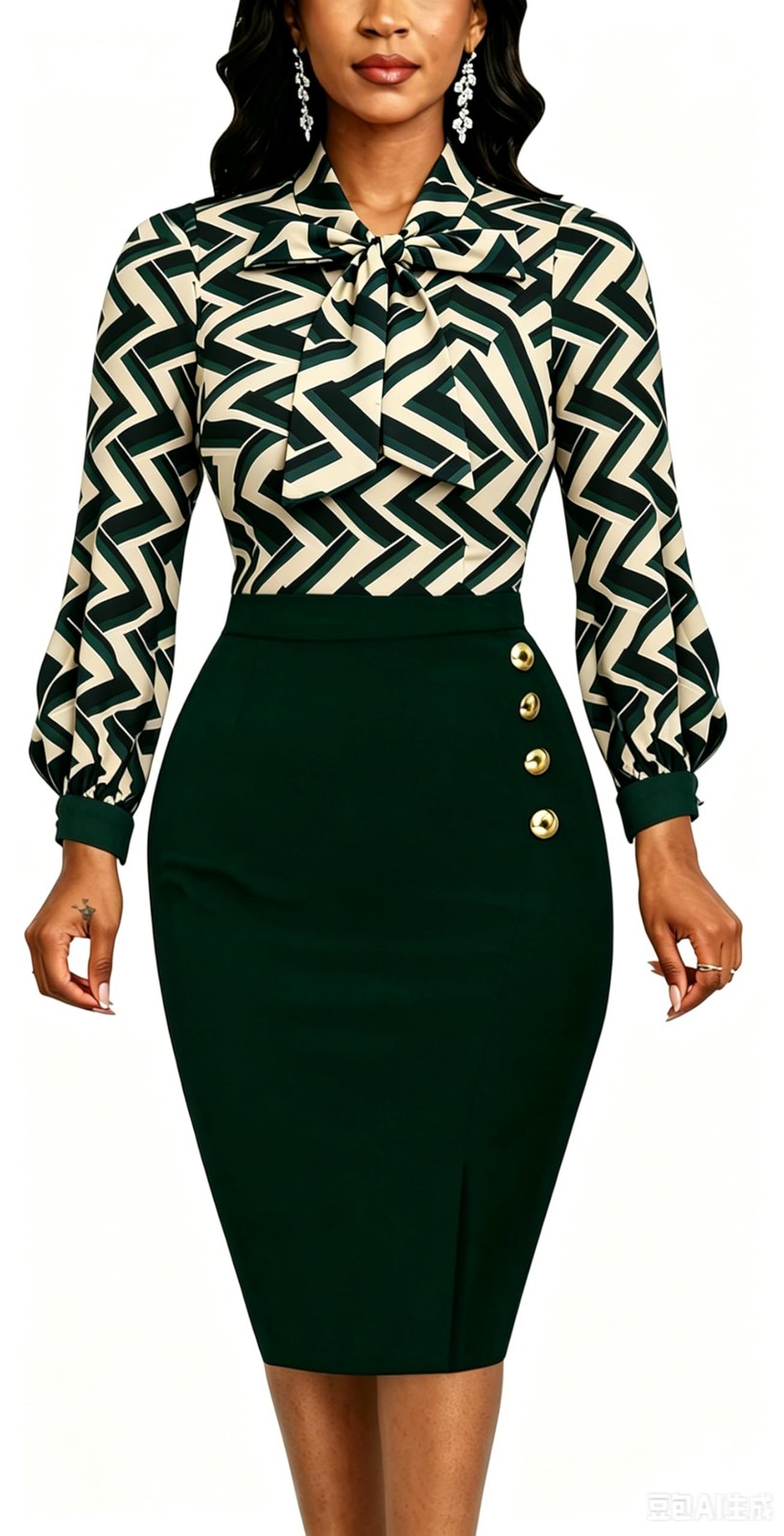 KnoInt Women’s Work Dress Large A-Green 3/4 Sleeve Bodycon Tie Neck Midi
