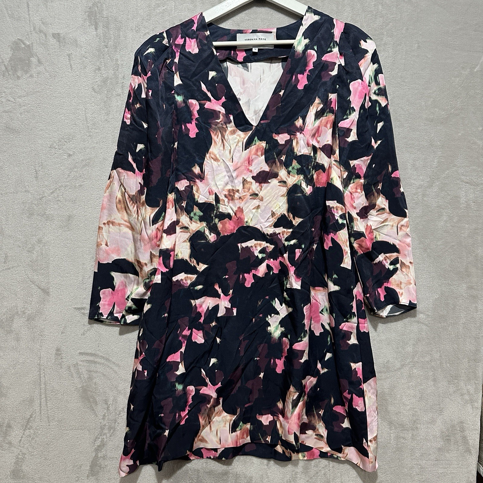 Veronika Maine Women’s Dress 12 Draped Shift Multicolour Floral Long Sleeve
